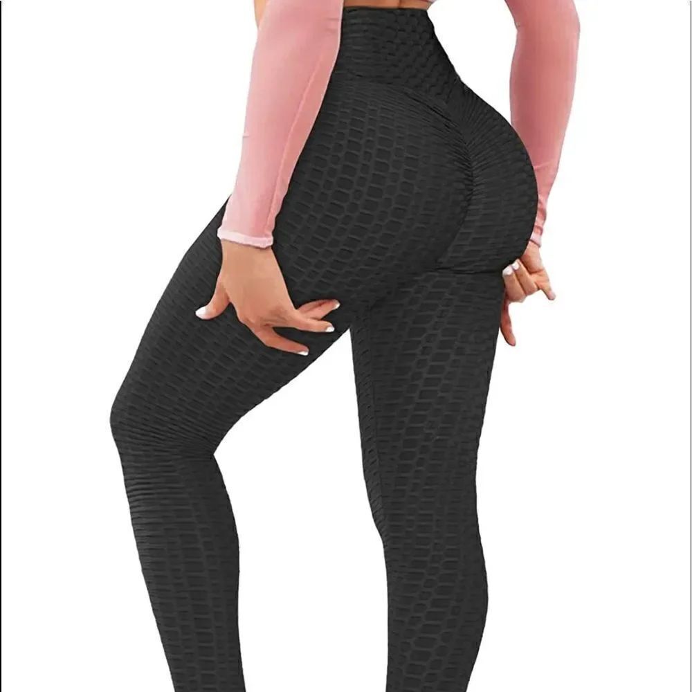 Women’s Leggings High Waisted Yoga Pants Textured Black Fabric Size 3XL NEW